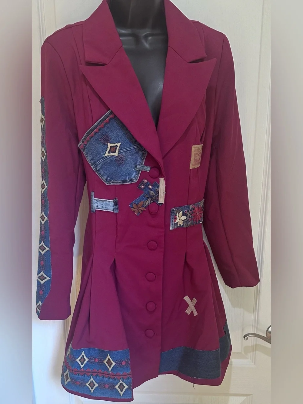 Upcycled Burgundy Patchwork long Blazer size L